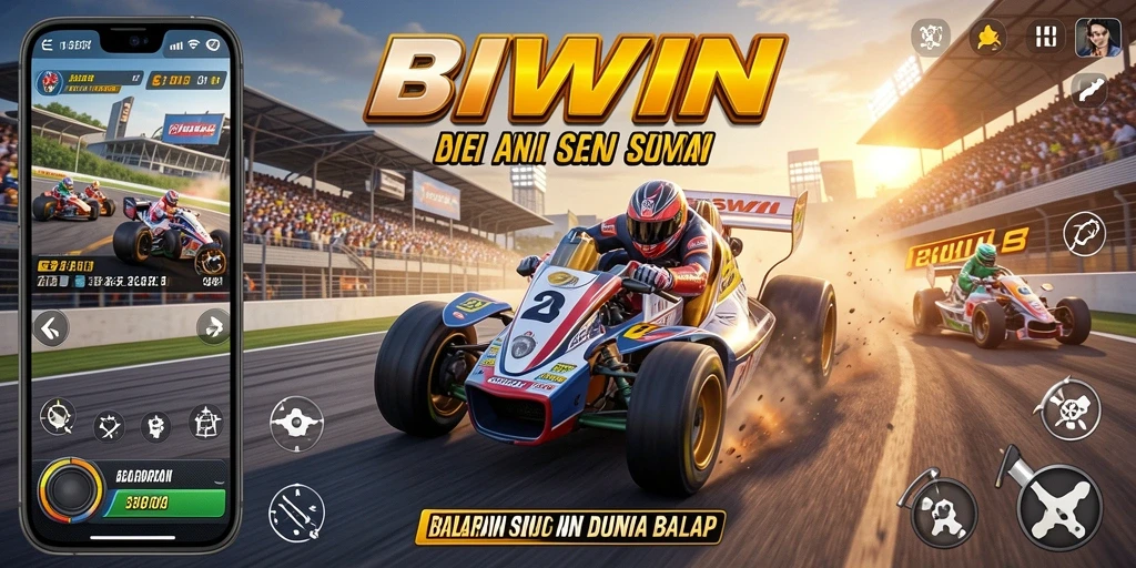 Screenshot gameplay BIWIN dengan balapan seru di trek kota.