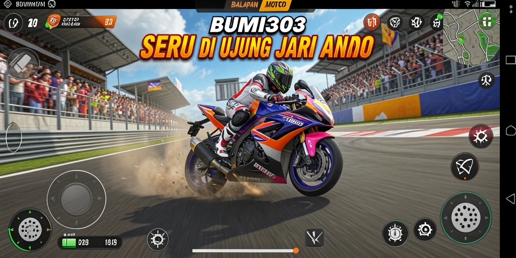Gameplay BUMI303 menampilkan aksi balapan motor yang intens.