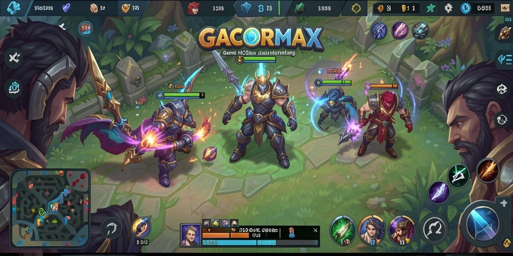 Screenshot utama GACORMAX menampilkan pertarungan epik di arena MOBA.