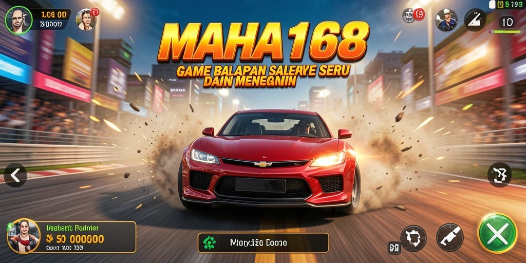 Tampilan gameplay MAHA168 dengan mobil balapan yang cepat dan lintasan menantang.