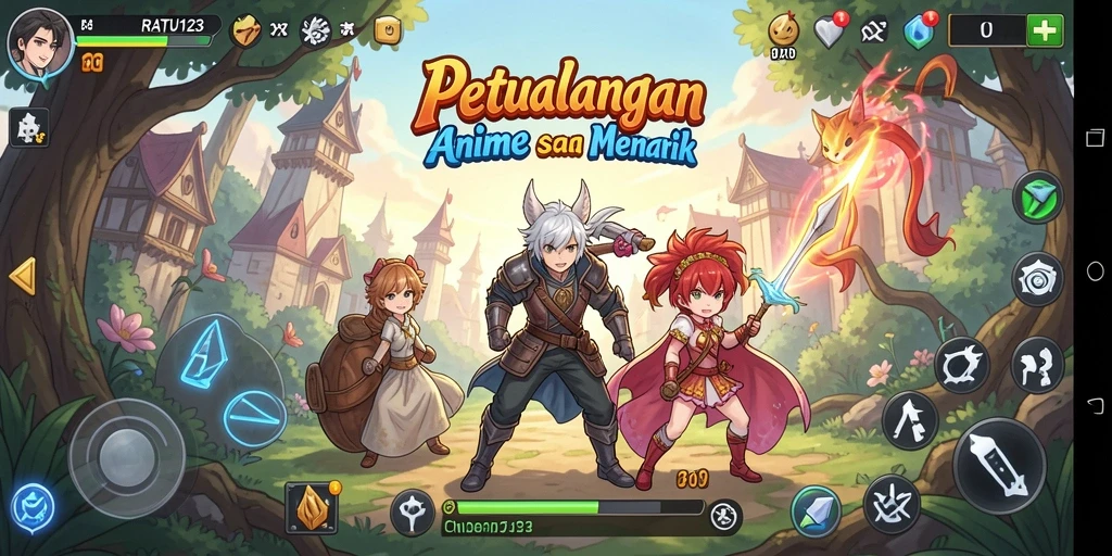 Tampilan gameplay menarik dengan karakter anime yang dinamis.
