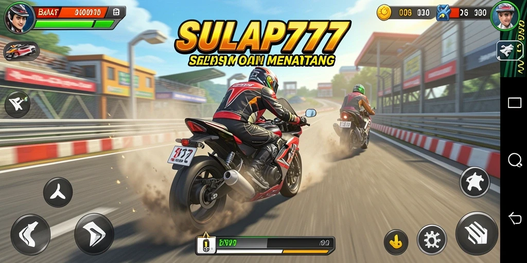 Interface menarik dengan tampilan aksi balap motor yang mendebarkan.